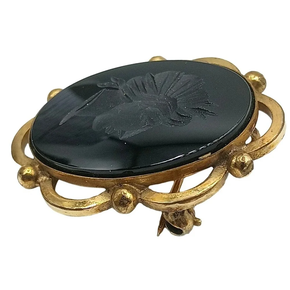 Winard Intaglio Cameo Brooch Pin‎ Pendant Black Glass 12k GF Jewelry Vintage